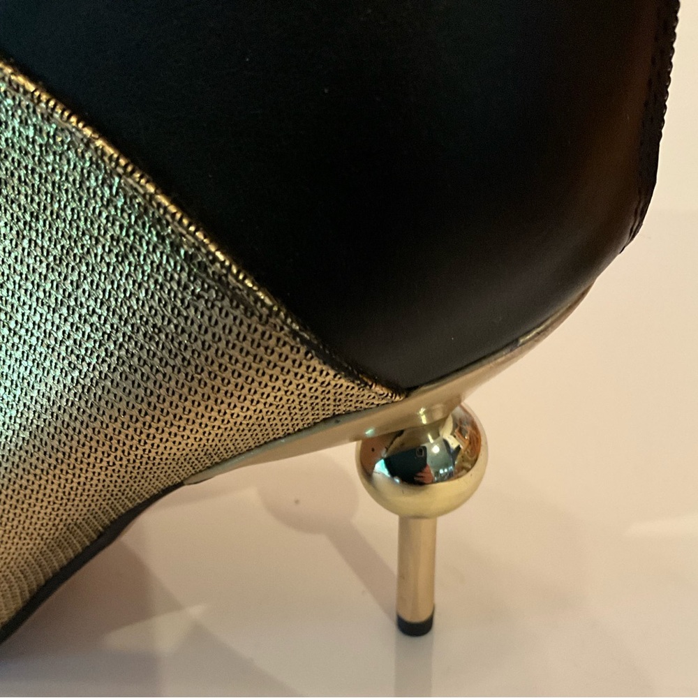 Gold Metallic Orb Heel Ankle Boots Pointed Toe Sculptural Statement Booties